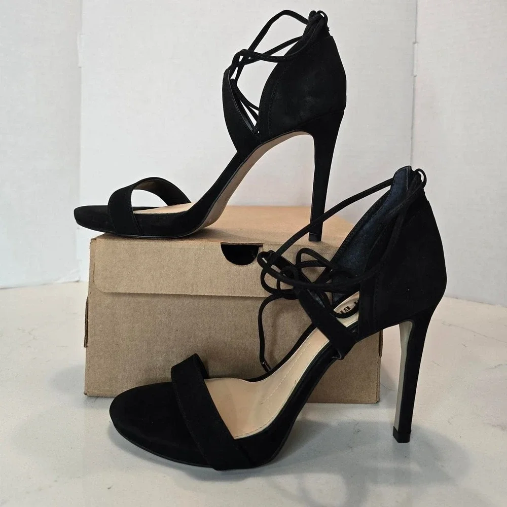 Gianni Bini Black Suede Heels Wrap Around Ankle Strap Women's Size 7